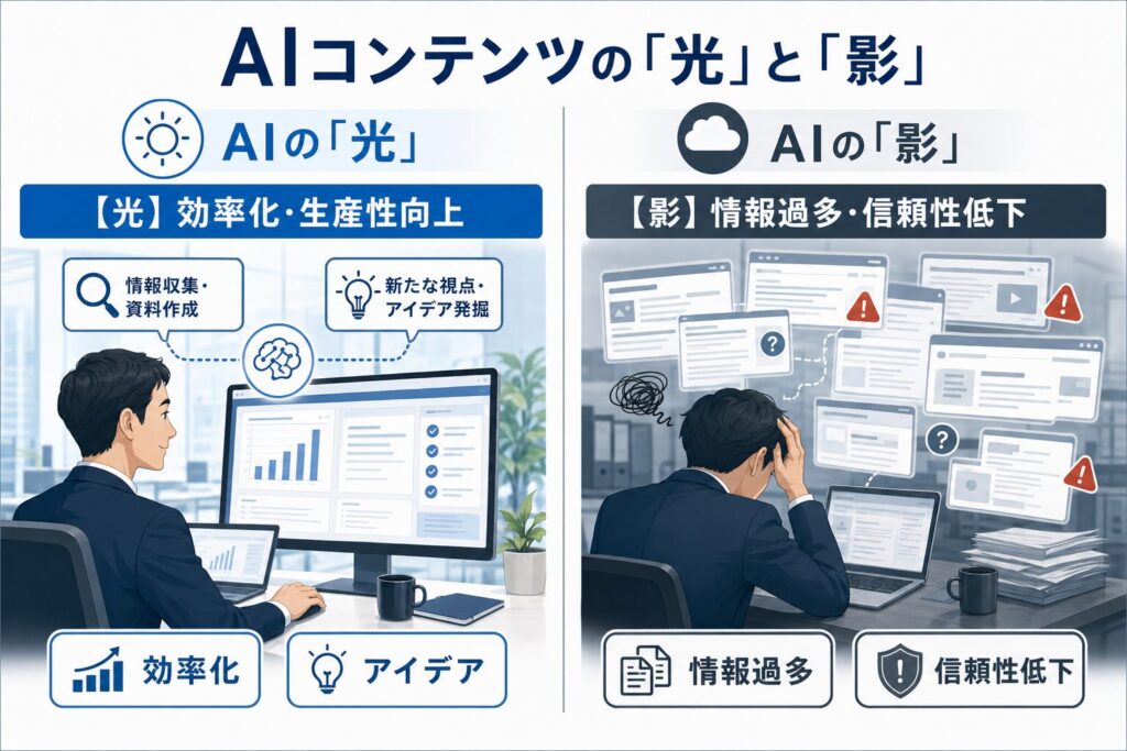 AIコンテンツの光と影 (業務シーン)のイメージ画像