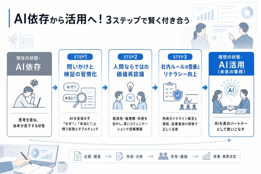 AI活用へのシフト：3つのステップロードマップのイメージ画像