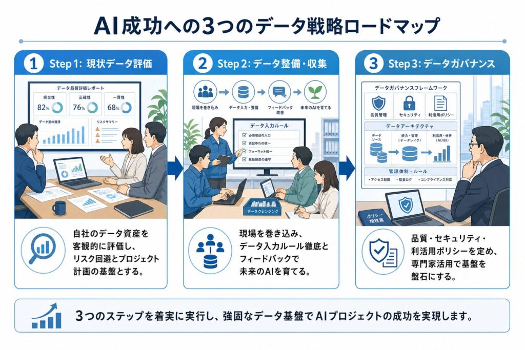 AIプロジェクト成功への3つのデータ戦略ロードマップのイメージ画像
