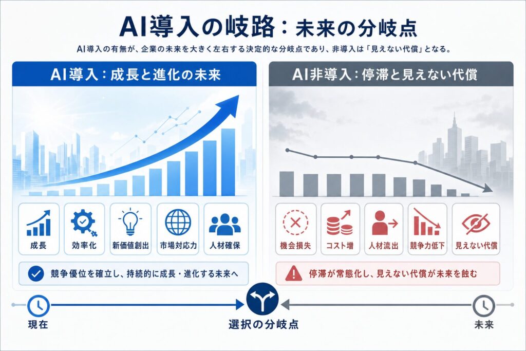 AI導入の岐路：未来の分岐点のイメージ画像