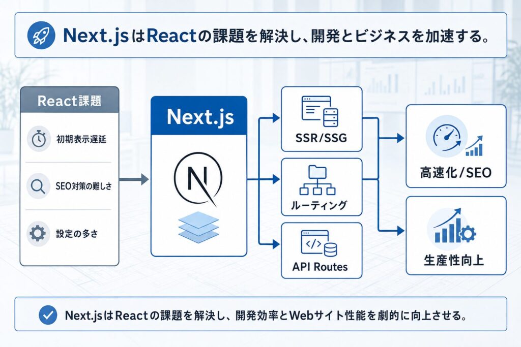 React課題解決とNext.jsの機能図解